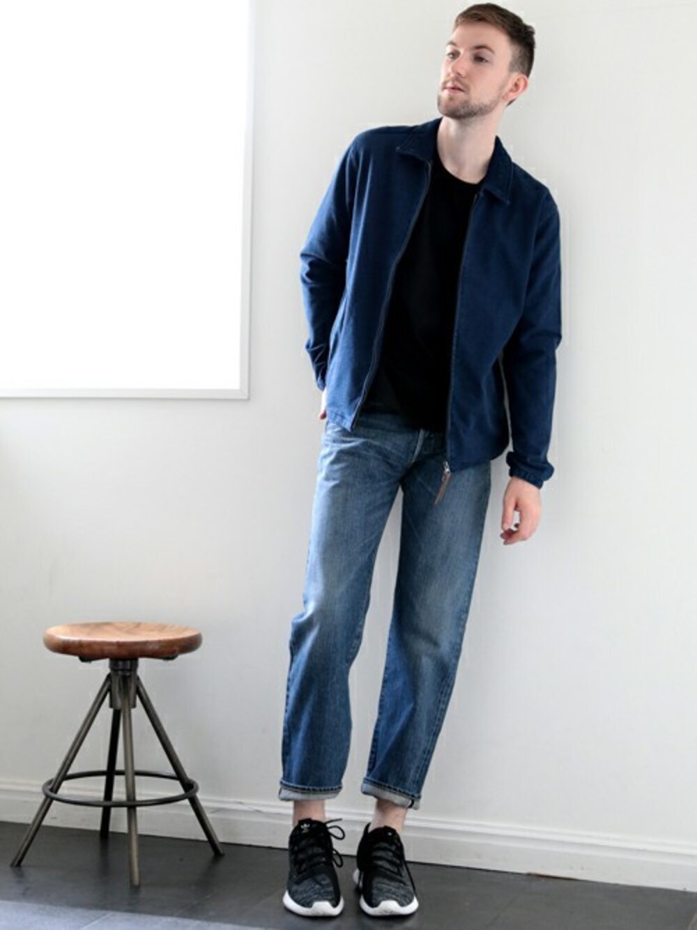 「Denime、デニムパンツ、インディゴ、スウィングトップ、DENIME THE STORE」｜「Denimeのカットデニムリブスウィングトップ（その他アウター、ブルー系）」を使った、DenimeWebStoreさん（メンズ・184cm）の秋コーディネートの1枚目の写真