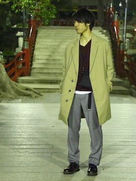「Right-on（ライトオン）のアイテム（チェスターコート）」を使った、たかっしーさん（メンズ・176cm）の春コーディネート