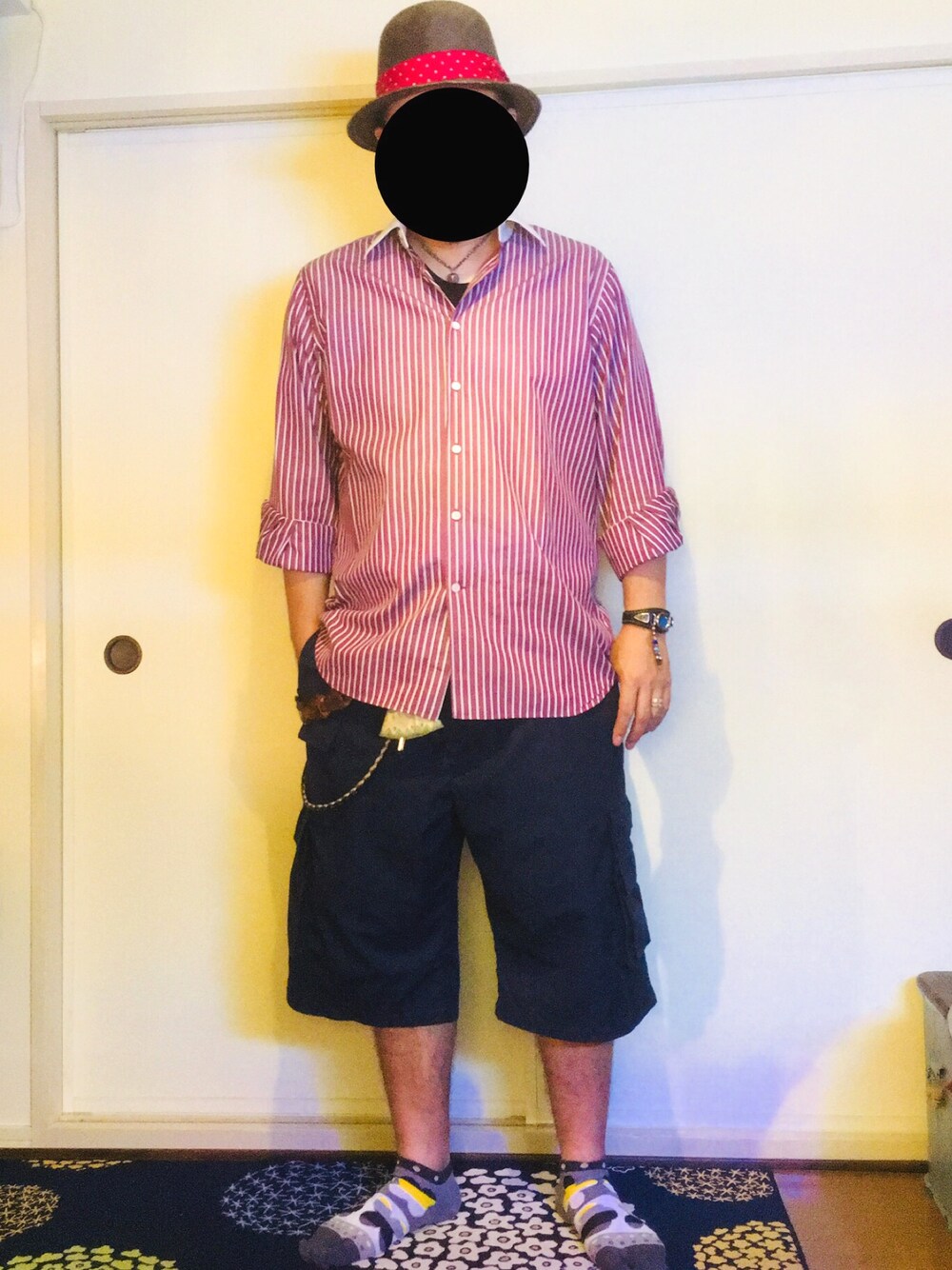 「オトナカジュアル、シャツ、ハット、ハーフパンツ、ぽっちゃり、でぶ、古着、ビッグシルエット、西海岸、ルード」｜「no brandのアイテム（カーゴパンツ、ブルー系）」を使った、JIRO/JIROさん（メンズ・175cm）の夏コーディネートの1枚目の写真