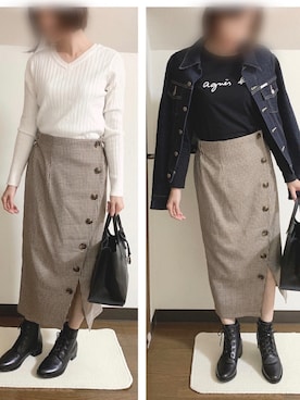 「グレンチェック」｜「アイテム（デニムジャケット）」を使った、楓さん（レディース・153cm）の秋コーディネート