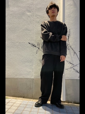 「FREAK'S STORE（フリークスストア）のビッグシルエット プリントフリース クルーネックプルオーバー（スウェット、グレー系）」を使った、beatさん（メンズ・173cm）の冬コーディネート
