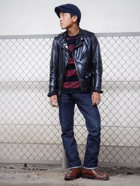 「schott（ショット）のSchott/ショット/13oz. JEANS MEDIUM FIT/13オンス　ジーンス　ミディアム　フィット（デニムパンツ）」を使った、RYOHEI  TOTOKIさん（メンズ・165cm）の秋コーディネート
