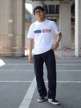 「schott（ショット）のSchott/ショット/13oz. JEANS MEDIUM FIT/13オンス　ジーンス　ミディアム　フィット（デニムパンツ）」を使った、RYOHEI  TOTOKIさん（メンズ・165cm）の夏コーディネート