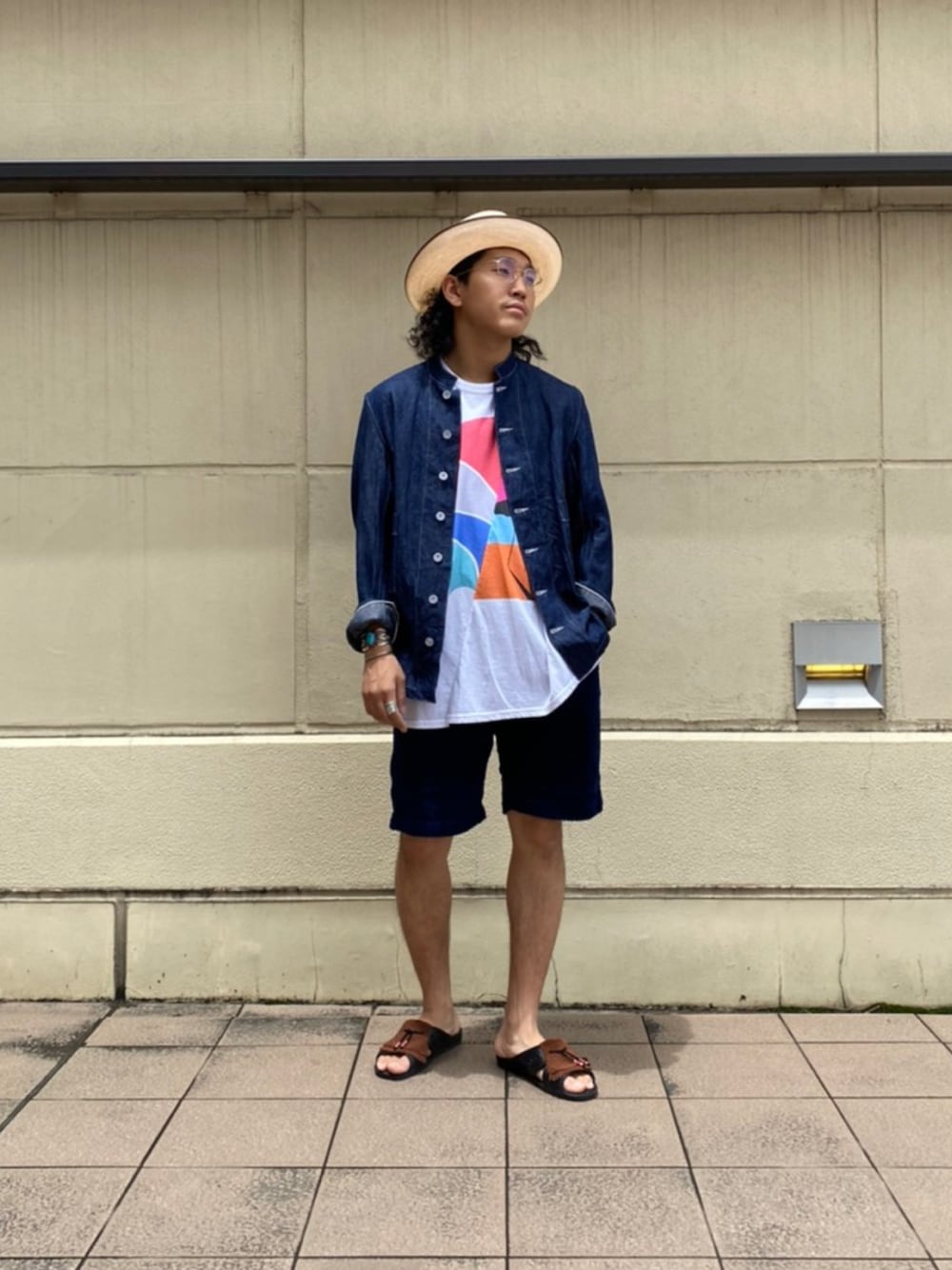 「コーデュロイ、アメカジ、デニムジャケット、SCHOTT、ショット、サンダル、ショーツ、Schott TOKYO-BAY、スタッフセンバツ、ファッションの力を信じよう」｜「schottのSchott/ショット/INDIGO CORDUROY SHORT PANTS/インディゴ コーデュロイ ショートパンツ（その他パンツ、ブルー系）」を使った、RYOHEI  TOTOKIさん（メンズ・165cm）の夏コーディネートの1枚目の写真