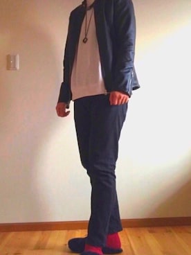 「THE CASUAL（カジュアル）のアイテム（ライダースジャケット）」を使った、やまさん（メンズ・178cm）の冬コーディネート