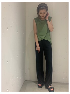 「Auntie Rosa Holiday（アンティローザホリデー）の【Holiday】リネンスラブノースリトップ（Tシャツ/カットソー）」を使った、sakioさん（レディース・170cm）の夏コーディネート