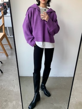 「VACANCY（ヴァカンシー）のロングブーツ（Boots、ブラック系）」を使った、sakioさん（レディース・170cm）の冬コーディネート