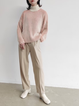 「VACANCY（ヴァカンシー）のバイカラーハイネックオーバーニット（Knitwear、オレンジ系）」を使った、sakioさん（レディース・170cm）の冬コーディネート