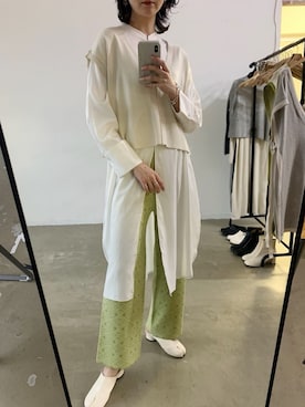 「VACANCY（ヴァカンシー）の【VACANCY】ジャガード柄ニットワイドパンツ（Pants、グリーン系）」を使った、sakioさん（レディース・170cm）の冬コーディネート