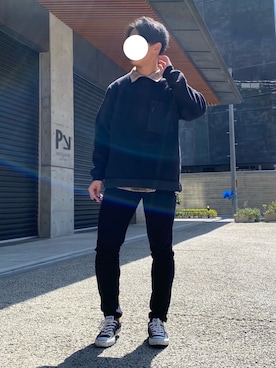 「niko and...（ニコアンド）のフリースジップポケプルオーバー（Tシャツ/カットソー、ブラック系）」を使った、たかさん（メンズ・168cm）の春コーディネート