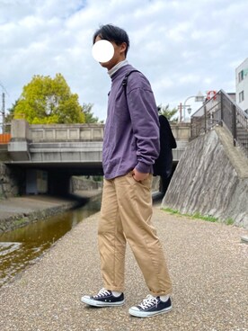 「HARE（ハレ）のヘビーウェイトビッグカットソー(HARE)（Tシャツ/カットソー、パープル系）」を使った、たかさん（メンズ・168cm）の春コーディネート