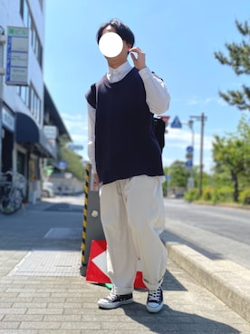 「shiki tokyo（シキトウキョウ）のMultiway OVERSIZED KNIT VEST / マルチウェイオーバーサイズニットベスト（ベスト、グレー系）」を使った、たかさん（メンズ・168cm）の春コーディネート