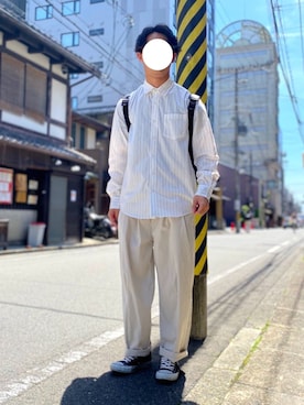 「NANO universe（ナノユニバース）のＥＡＳＹ　ＣＡＲＥ　ＳＴＲＩＰＥ　シャツ（シャツ/ブラウス、ホワイト系）」を使った、たかさん（メンズ・168cm）の春コーディネート