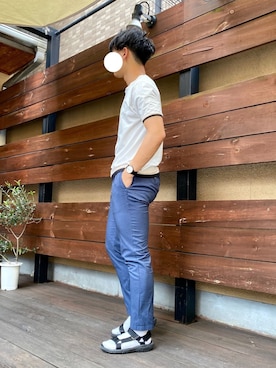 「ABAHOUSE（アバハウス）の【ノンストレス】クルーネックトリムTシャツ（Tシャツ/カットソー、ホワイト系）」を使った、たかさん（メンズ・168cm）の夏コーディネート