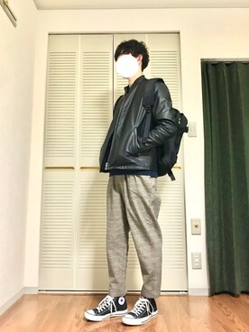 「ゆるニット」｜「アイテム（ライダースジャケット）」を使った、John.さん（メンズ・175cm）の冬コーディネート