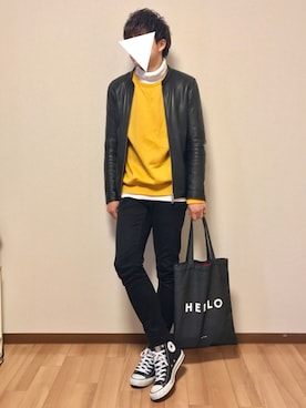 「マスタード」｜「アイテム（ライダースジャケット）」を使った、ばさばささん（メンズ・171cm）の冬コーディネート