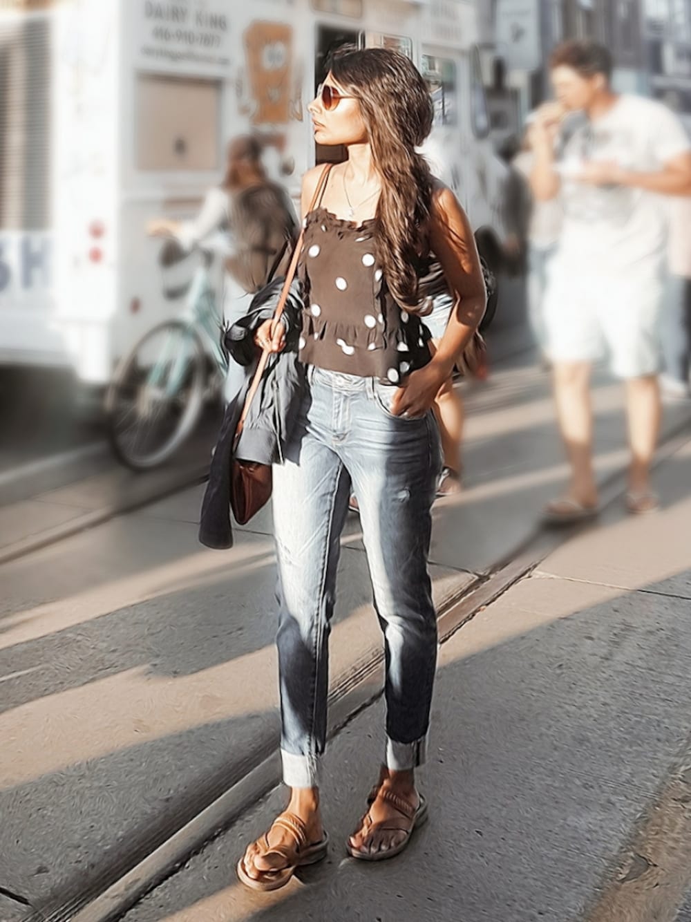「summer、streetstyle、PolkaDot、torontostreetstyle、fashion、ardene、HMSummer」｜「Ardeneのアイテム（デニムパンツ、ブルー系）」を使った、ShaimaLubnaさん（レディース・157cm）の夏コーディネートの1枚目の写真