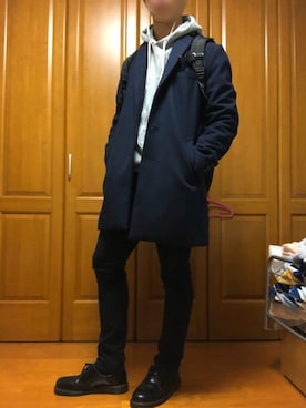「INHERIT（インヘリット）のアイテム（チェスターコート）」を使った、みやびさん（メンズ・177cm）の秋コーディネート