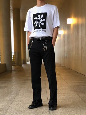 「emptynoirのアイテム（スラックス、ブラック系）」を使った、Kouさん（メンズ・177cm）の春コーディネート
