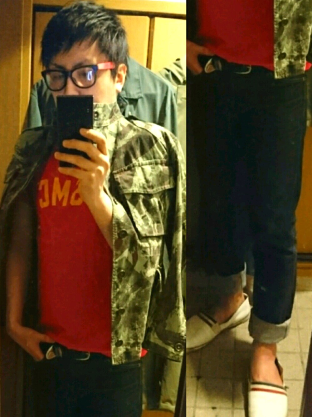 レッド系のTシャツ/カットソーを着用したメンズの春コーディネートの1枚目の写真