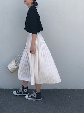 「Chaco closet（チャコ クローゼット）のアソートプリーツ Aラインウエストゴムロングスカート[チェック 小花柄 ダルメシアン コーデュロイ サテン シアー 無地]（スカート）」を使った、nagiさん（レディース・171cm）の春コーディネート