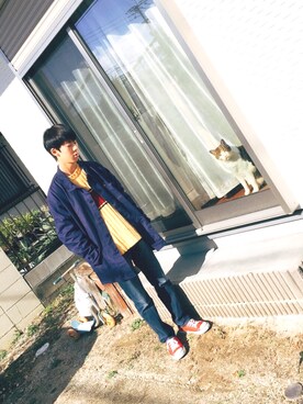 「猫」｜「アイテム（その他アウター）」を使った、rukaさん（メンズ・170cm）の冬コーディネート