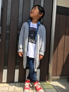 「GLOBAL WORK（グローバルワーク）のアイテム（カーディガン/ボレロ、グレー系）」を使った、⭐️YU⭐️さん（キッズ・131cm）の春コーディネート