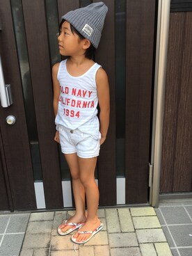 「OLD NAVY（オールドネイビー）のアイテム（トップス、ホワイト系）」を使った、⭐️YU⭐️さん（キッズ・131cm）の夏コーディネート