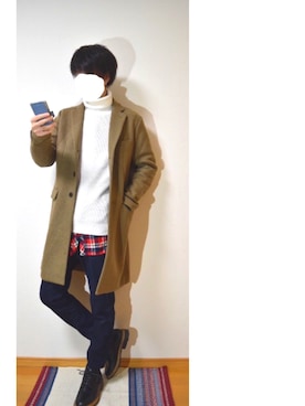「赤チェック」｜「アイテム（チェスターコート）」を使った、イツキさん（メンズ・176cm）の冬コーディネート