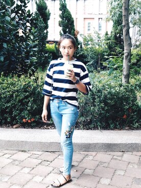 「Baiのアイテム（Tシャツ/カットソー、ブルー系）」を使った、_kiki.wang_さん（レディース・160cm）の秋コーディネート