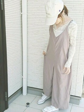 「アイテム（つなぎ/オールインワン、ベージュ系）」を使った、ちーちゃんさん（レディース・153cm）の春コーディネート