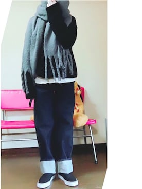 「UNIQLO（ユニクロ）のハイライズワイドストレートジーンズ（デニムパンツ）」を使った、keroyonさん（レディース・157cm）の冬コーディネート