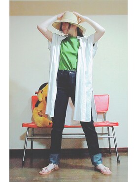 「UNIQLO（ユニクロ）のリネンブレンドロングシャツ（半袖）（シャツ/ブラウス）」を使った、keroyonさん（レディース・157cm）の夏コーディネート