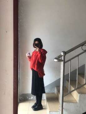 「🍑のアイテム（スカート、ブラック系）」を使った、Miaa酱さん（レディース・147cm）の冬コーディネート