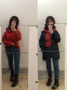 「琳酱のアイテム（デニムパンツ、ブルー系）」を使った、Miaa酱さん（レディース・147cm）の冬コーディネート