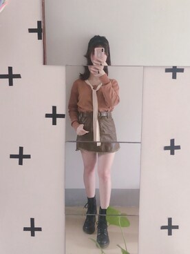 「实体小店のアイテム（スカート、ブラウン系）」を使った、Miaa酱さん（レディース・147cm）の春コーディネート