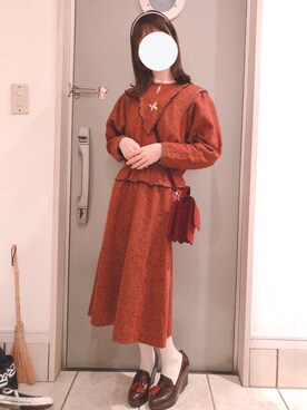 「古着屋さんのアイテム（ワンピース、レッド系）」を使った、🍵さん（レディース・153cm）の冬コーディネート