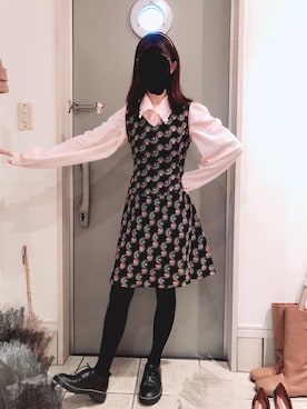 「古着屋さんのアイテム（ワンピース/ドレス、ブラック系）」を使った、🍵さん（レディース・153cm）の冬コーディネート