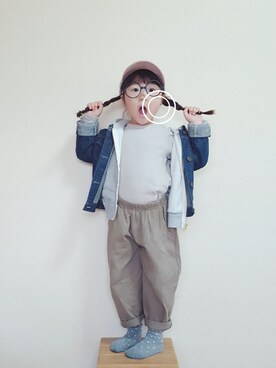 「petit main」｜「アイテム（デニムジャケット）」を使った、kopaさん（キッズ・100cm）の冬コーディネート
