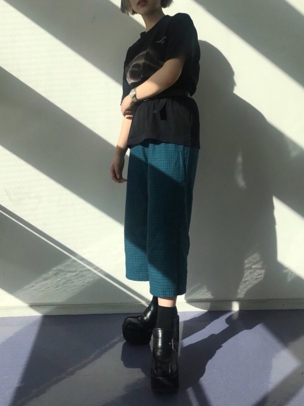 「チェックパンツ、古着、vintage、プチプラ、厚底シューズ、グリーン、シルバーアクセサリー、ゆるコーデ、モード、メンズライク」｜「作ったのアイテム（スラックス、グリーン系）」を使った、Chimakiさん（レディース・157cm）の夏コーディネートの1枚目の写真