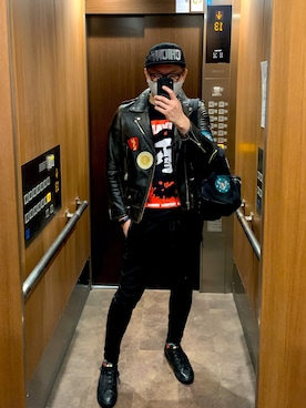 「SAINT LAURENT PARIS（サンローランパリ）のアイテム（ライダースジャケット）」を使った、エレベーターボーイくんさん（メンズ・174cm）の春コーディネート