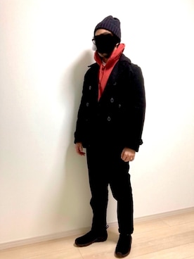 「GU（ジーユー）のアイテム（ピーコート）」を使った、バーニーさん（メンズ・172cm）の冬コーディネート