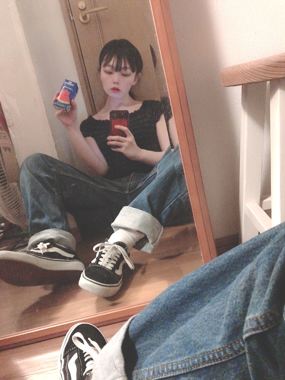 「カジュアルコーデ、スケーター、ootd、スケータースタイル、楽チンコーデ」｜「GUのアイテム（ニット/セーター、グリーン系）」を使った、kumiさん（レディース・153cm）の秋コーディネートの1枚目の写真