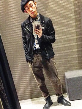 「BRONX（ブロンクス）のアイテム（帽子）」を使った、うっしーさん（メンズ・167cm）の秋コーディネート