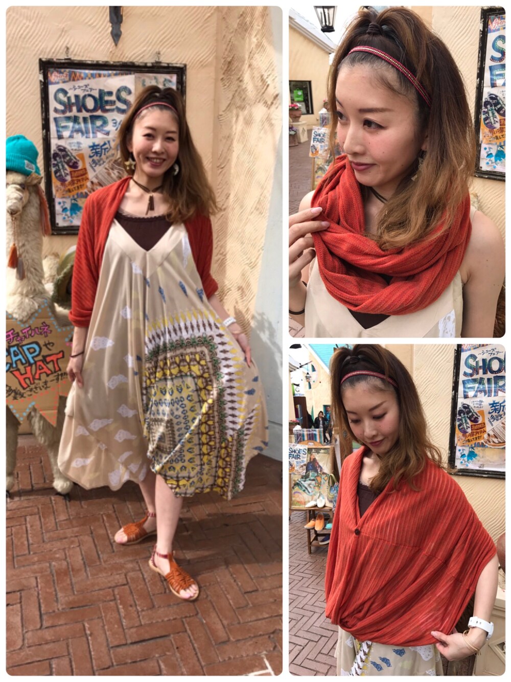 「カジュアルコーデ、ワンピース、サロペット、スヌード、エスニック、ベージュ、チャイハネ、ボレロ、女の子、オトナカジュアル」｜「チャイハネの【チャイハネ】ダーブWAYスヌード（ネックウォーマー/スヌード、オレンジ系）」を使った、ゆかりさん（レディース・161cm）の春コーディネートの1枚目の写真