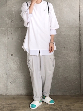 「CHIHIRO YASUDA（チヒロ ヤスダ）のアイテム（Tシャツ/カットソー、ホワイト系）」を使った、RIKuさん（メンズ・177cm）の夏コーディネート