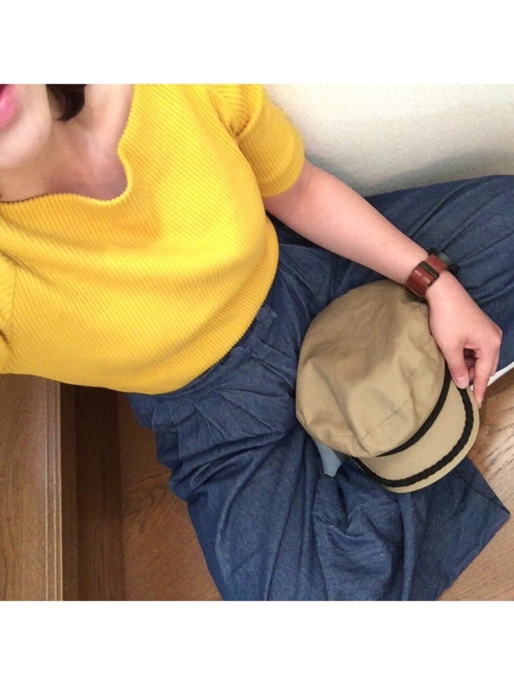 「お出かけ、カジュアル」｜「LOWRYS FARMのオフショルアソートリブＴシャツ　749834 （Tシャツ/カットソー、イエロー系）」を使った、wakapiさん（レディース・153cm）の夏コーディネートの1枚目の写真