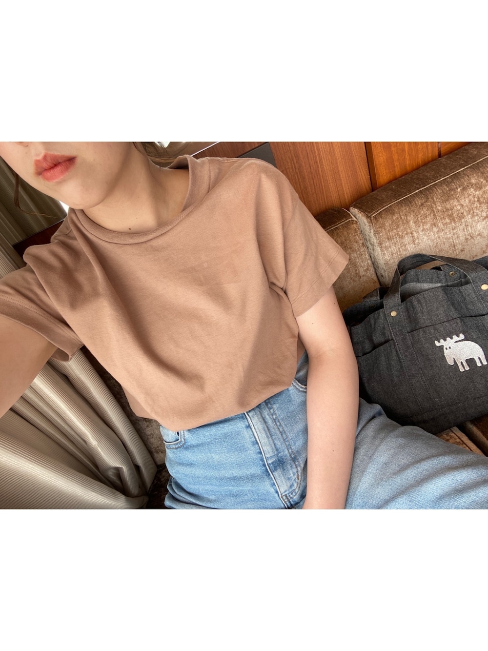 「休日スタイル、シンプル、ラクチンコーデ、オトナカジュアル」｜「GUのアイテム（Tシャツ/カットソー、ブラウン系）」を使った、wakapiさん（レディース・154cm）の春コーディネートの1枚目の写真
