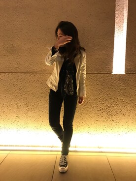 「柄×柄」｜「アイテム（ブルゾン）」を使った、Chihiroさん（レディース・158cm）の冬コーディネート