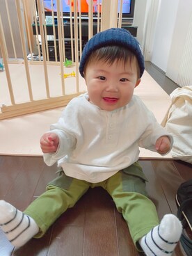 「9ヶ月」｜「アイテム（ニットキャップ/ビーニー）」を使った、KotaMashi6さん（キッズ・70cm）の冬コーディネート